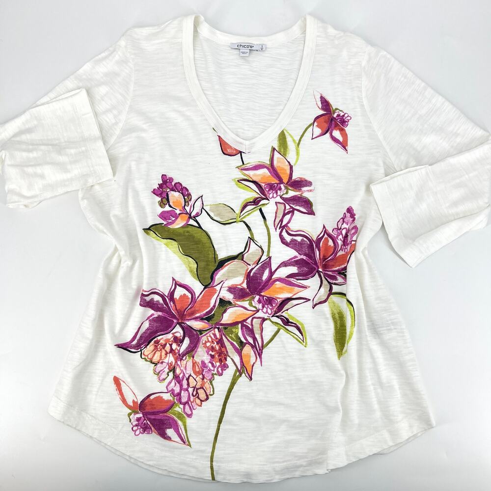 Chicos V Neck Cotton T Shirt Floral Botanical Print Chico's Size 3 (XL) Preowned